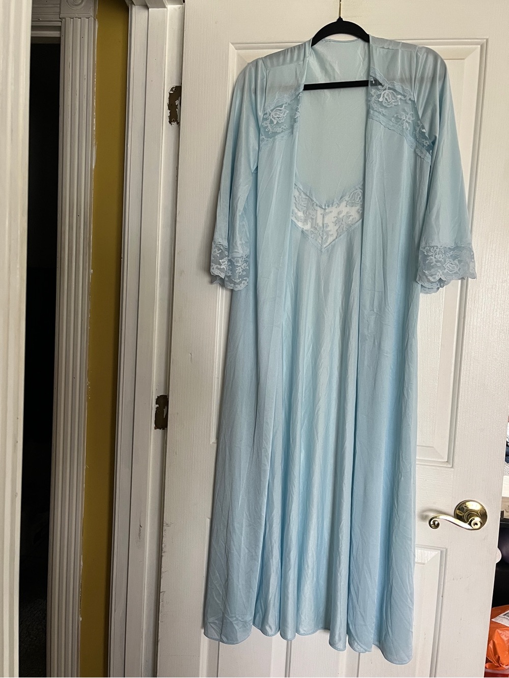 Vintage Light Blue Lace-Trim Long kimono